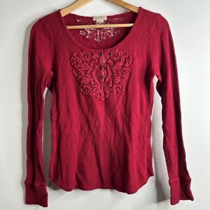 VTG Y2K Lucky Brand Red Thermal Lace Henley Top Sz L Boho Grunge Moto Western